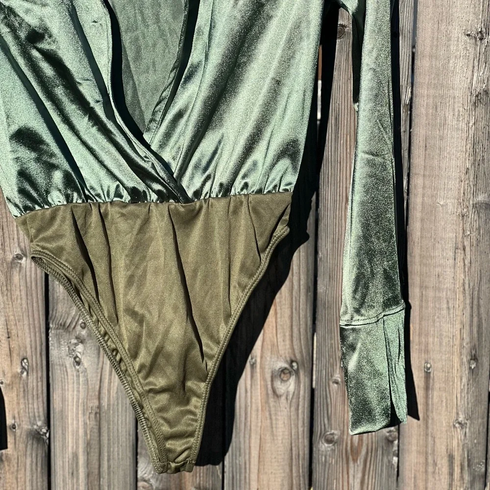 Good times USA Appeal Satin Wrap Bodysuit in Olive Green - Picture 5 of 11